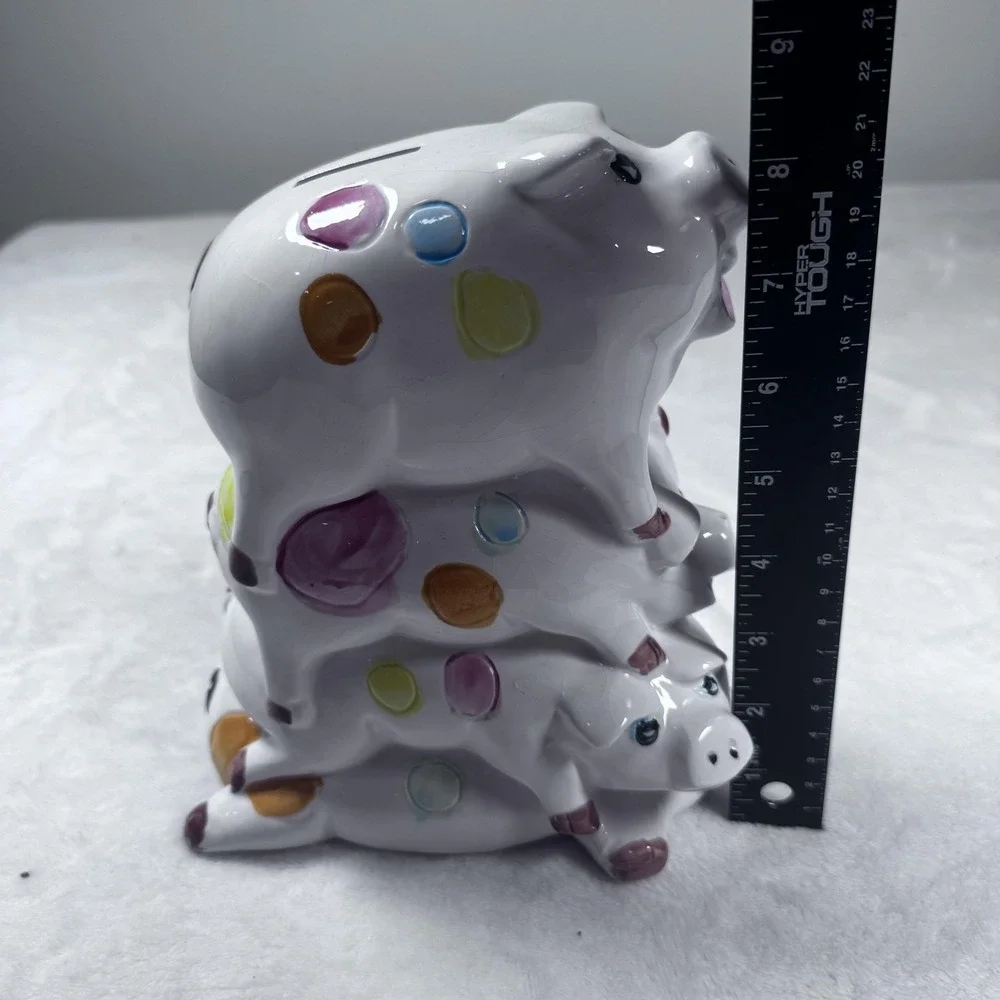 Ceramic Piggy Coin Bank Stacked Three‎ Pigs Colorful Polka Dot White Taiwan